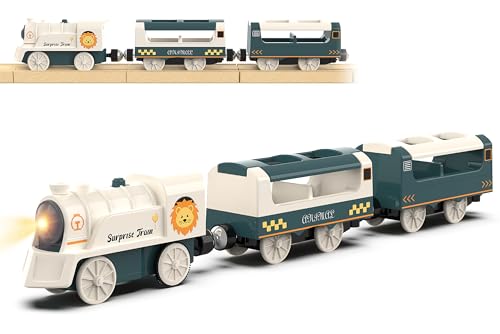 Battery Powered Train Set for Wooden Railway - 3-Piece Motorized Locomotive with Lights & Sounds - Compatible with Thomas & Friends, Brio, Chuggington