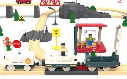 Battery Powered Train Set for Wooden Railway - 3-Piece Motorized Locomotive with Lights & Sounds - Compatible with Thomas & Friends, Brio, Chuggington