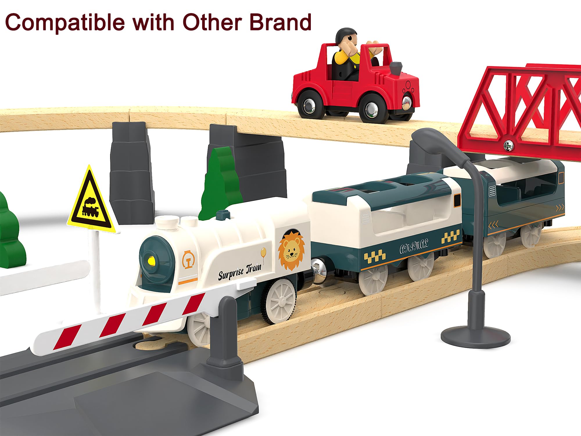 Battery Powered Train Set for Wooden Railway - 3-Piece Motorized Locomotive with Lights & Sounds - Compatible with Thomas & Friends, Brio, Chuggington