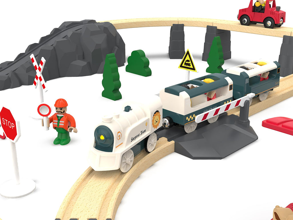 Battery Powered Train Set for Wooden Railway - 3-Piece Motorized Locomotive with Lights & Sounds - Compatible with Thomas & Friends, Brio, Chuggington