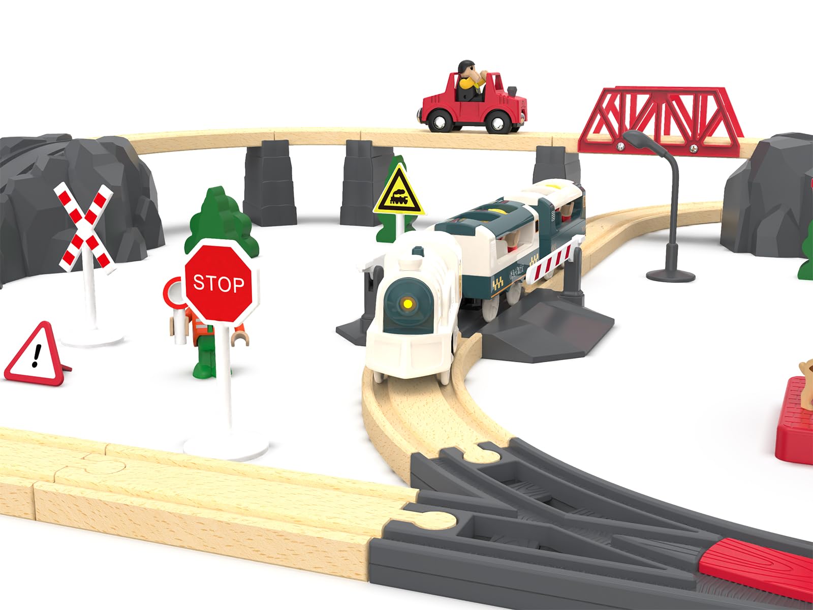 Battery Powered Train Set for Wooden Railway - 3-Piece Motorized Locomotive with Lights & Sounds - Compatible with Thomas & Friends, Brio, Chuggington