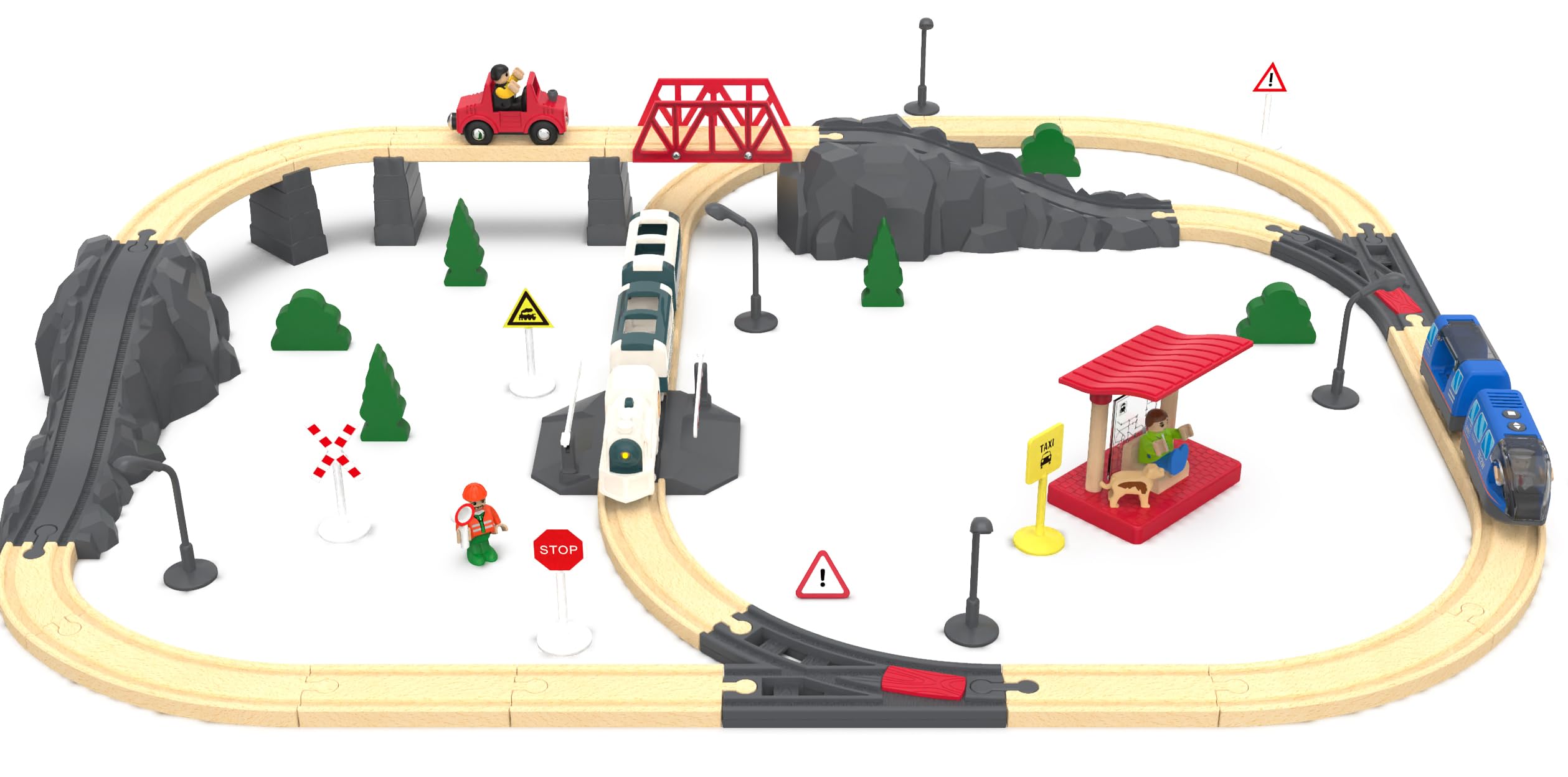 Battery Powered Train Set for Wooden Railway - 3-Piece Motorized Locomotive with Lights & Sounds - Compatible with Thomas & Friends, Brio, Chuggington