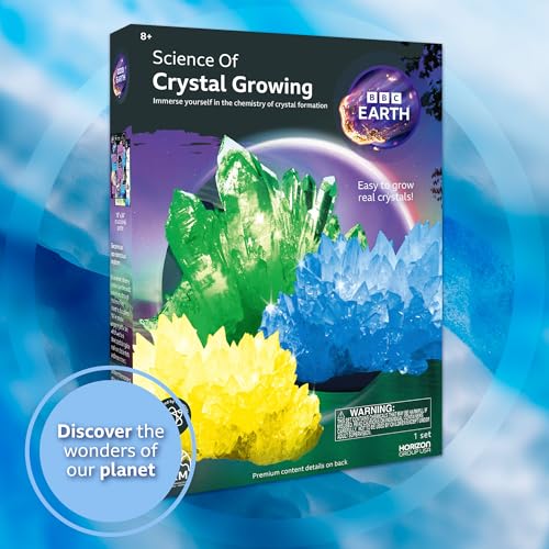 BBC Earth Science of Crystal Growing Kit – Grow 3 Dazzling Crystals with Powdered Paints and Display Case, STEM Toy for Ages 12+