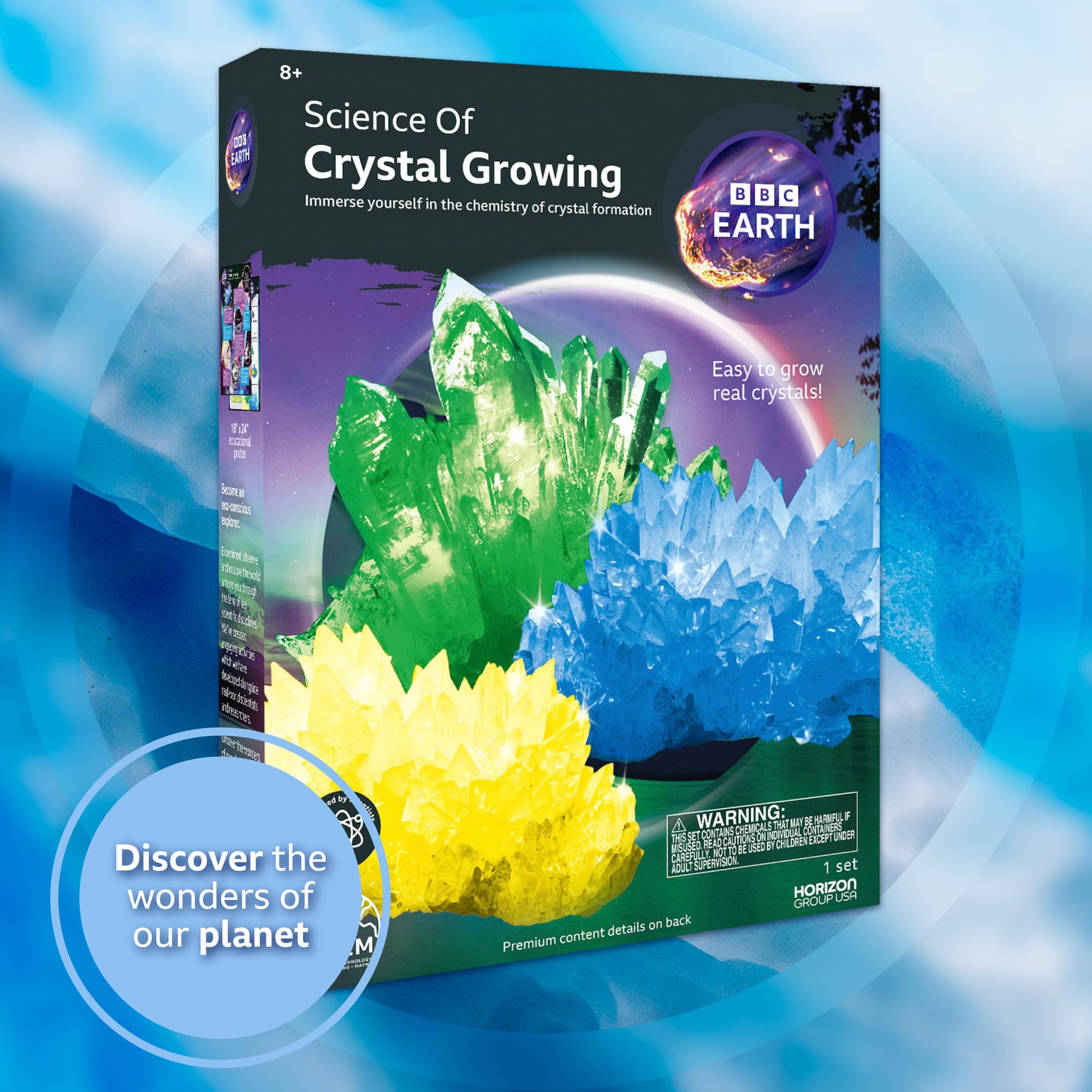 BBC Earth Science of Crystal Growing Kit – Grow 3 Dazzling Crystals with Powdered Paints and Display Case, STEM Toy for Ages 12+