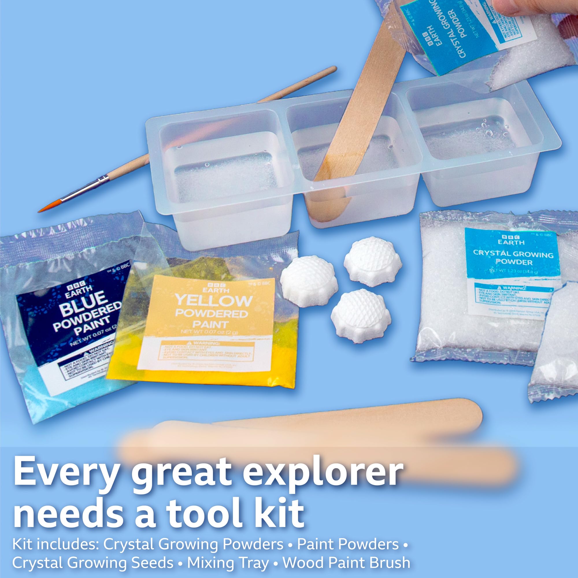 BBC Earth Science of Crystal Growing Kit – Grow 3 Dazzling Crystals with Powdered Paints and Display Case, STEM Toy for Ages 12+