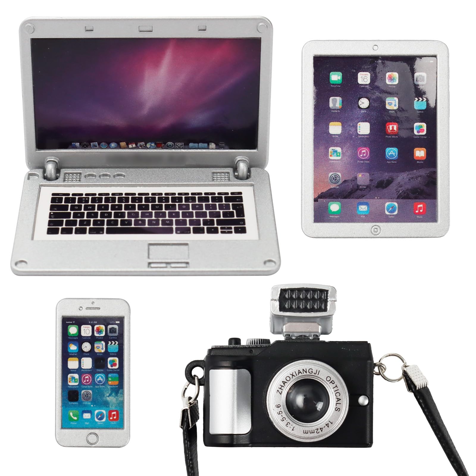 Bbiamsleep 4-Piece Miniature Laptop, Tablet, Phone & Camera Set for Dollhouses (1/4, 1/6, 1/12 Scale)