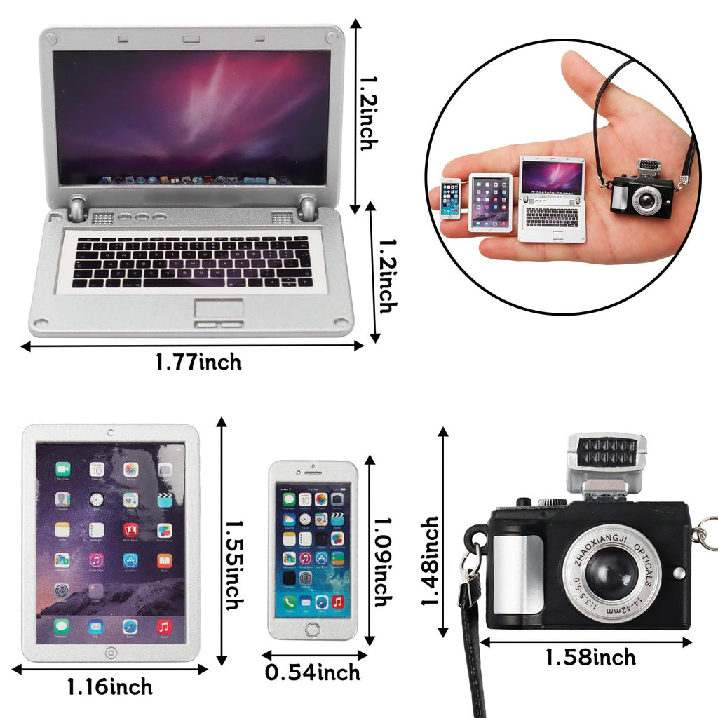 Bbiamsleep 4-Piece Miniature Laptop, Tablet, Phone & Camera Set for Dollhouses (1/4, 1/6, 1/12 Scale)