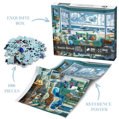 BBOLDIN 1000-Piece Beach Summer House Puzzle - Ocean Scene, 27.6x19.7 Inches