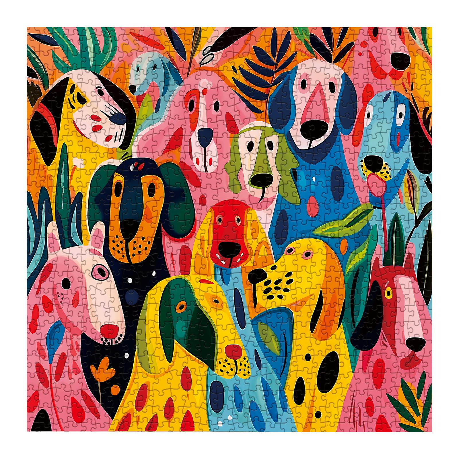 BBOLDIN 1000-Piece Colorful Dog Jigsaw Puzzle for Adults – Funny Puppy Art with Abstract Plant Design