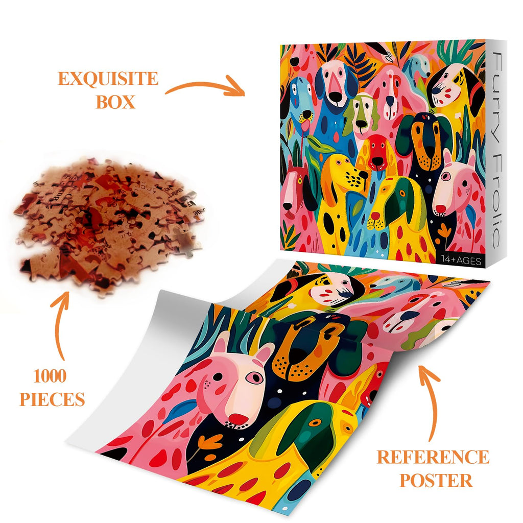 BBOLDIN 1000-Piece Colorful Dog Jigsaw Puzzle for Adults – Funny Puppy Art with Abstract Plant Design