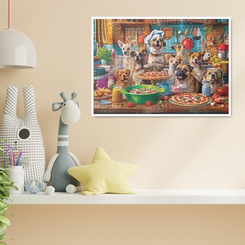 BBOLDIN 1000 Piece Dog Puppy Pizza Jigsaw Puzzle – Funny Kitchen Scene with Happy Dogs