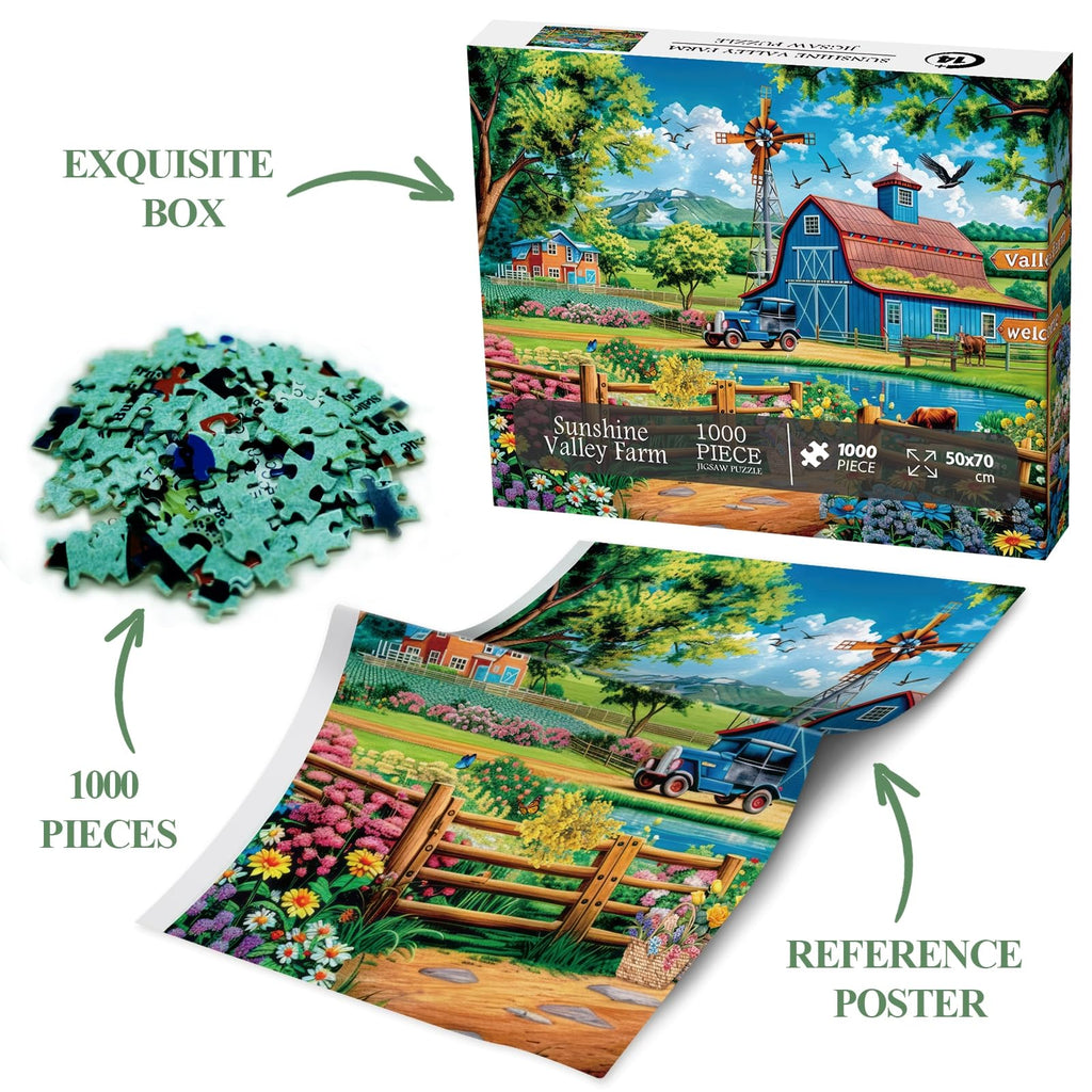 BBOLDIN 1000 Piece Farm Country Barn Puzzle - Nature Landscape Jigsaw with Flower, Bird, Cow