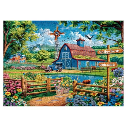 BBOLDIN 1000 Piece Farm Country Barn Puzzle - Nature Landscape Jigsaw with Flower, Bird, Cow