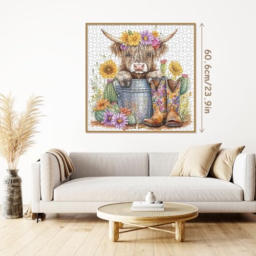 BBOLDIN 1000 Piece Highland Cow Sunflower Jigsaw Puzzle – 23.9x23.9in Adult Puzzle with Cute Animal Floral Art