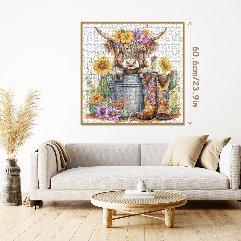 BBOLDIN 1000 Piece Highland Cow Sunflower Jigsaw Puzzle – 23.9x23.9in Adult Puzzle with Cute Animal Floral Art