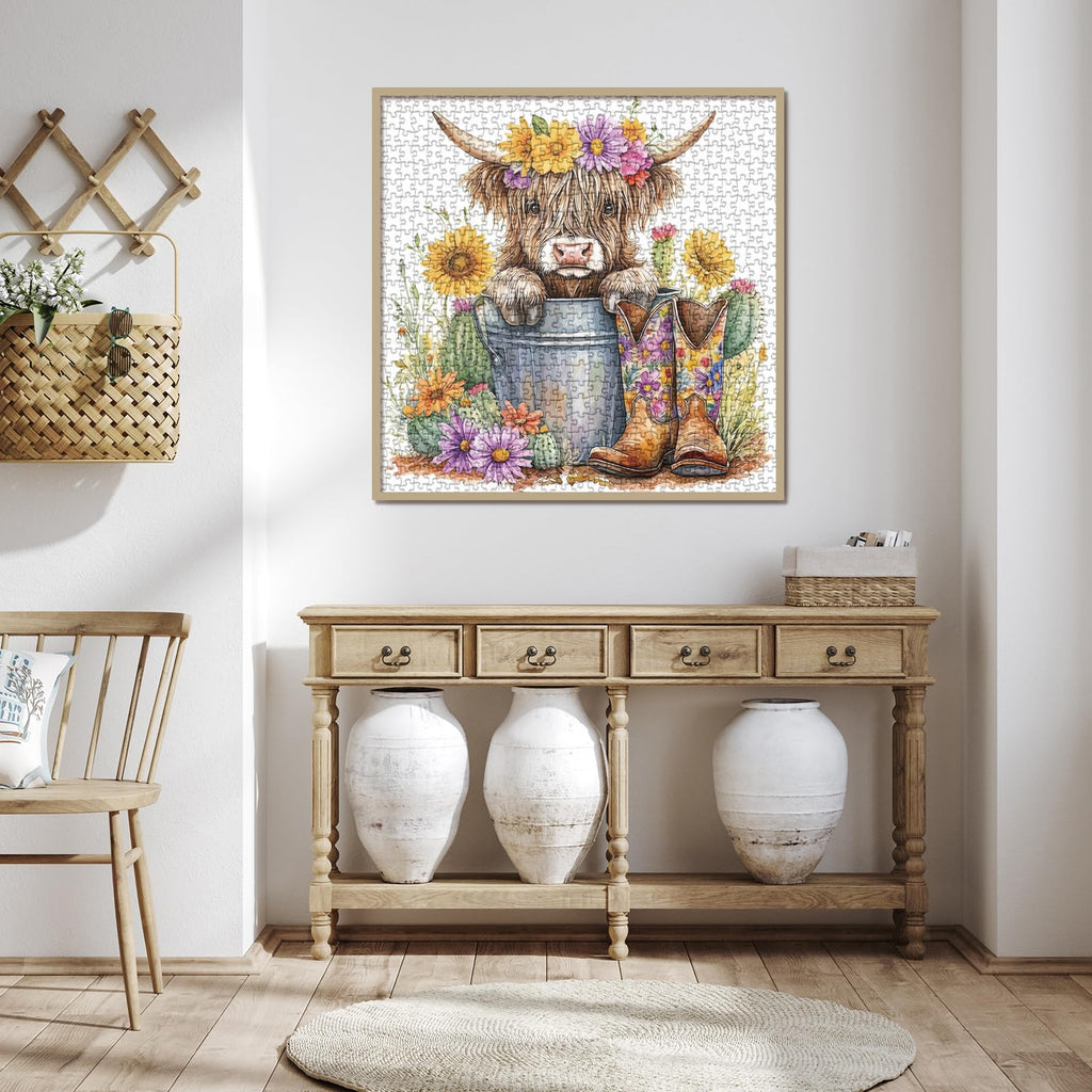 BBOLDIN 1000 Piece Highland Cow Sunflower Jigsaw Puzzle – 23.9x23.9in Adult Puzzle with Cute Animal Floral Art