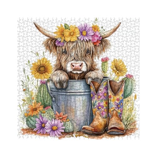 BBOLDIN 1000 Piece Highland Cow Sunflower Jigsaw Puzzle – 23.9x23.9in Adult Puzzle with Cute Animal Floral Art