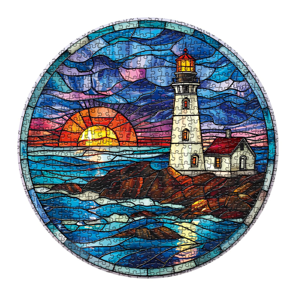 BBOLDIN 1000-Piece Stained Glass Lighthouse Round Jigsaw Puzzle – Ocean Sunset Scene for Adults