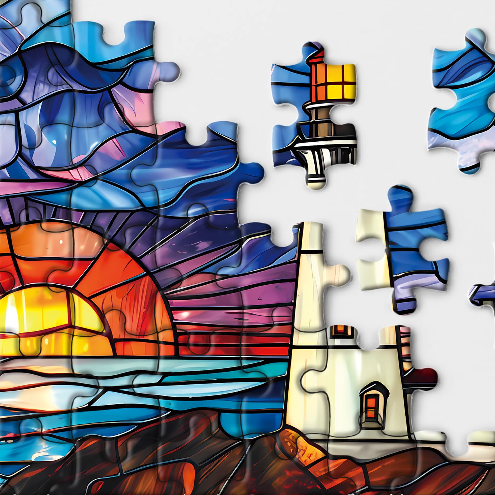 BBOLDIN 1000-Piece Stained Glass Lighthouse Round Jigsaw Puzzle – Ocean Sunset Scene for Adults