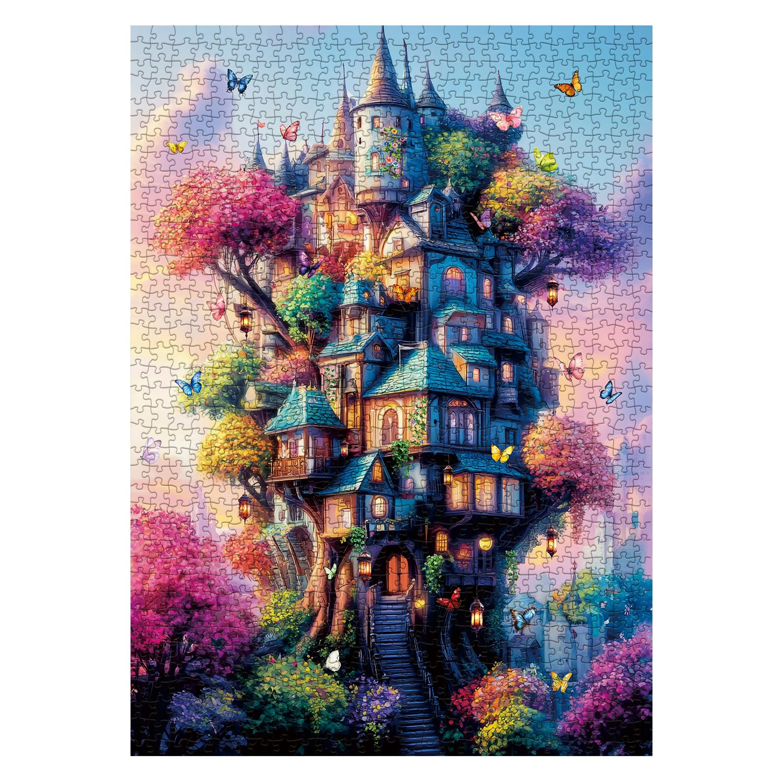 BBOLDIN Butterfly Treehouse 1000 Piece Jigsaw Puzzle for Adults – Fantasy Castle with Colorful Plant House, Includes Poster and Sorting Letters