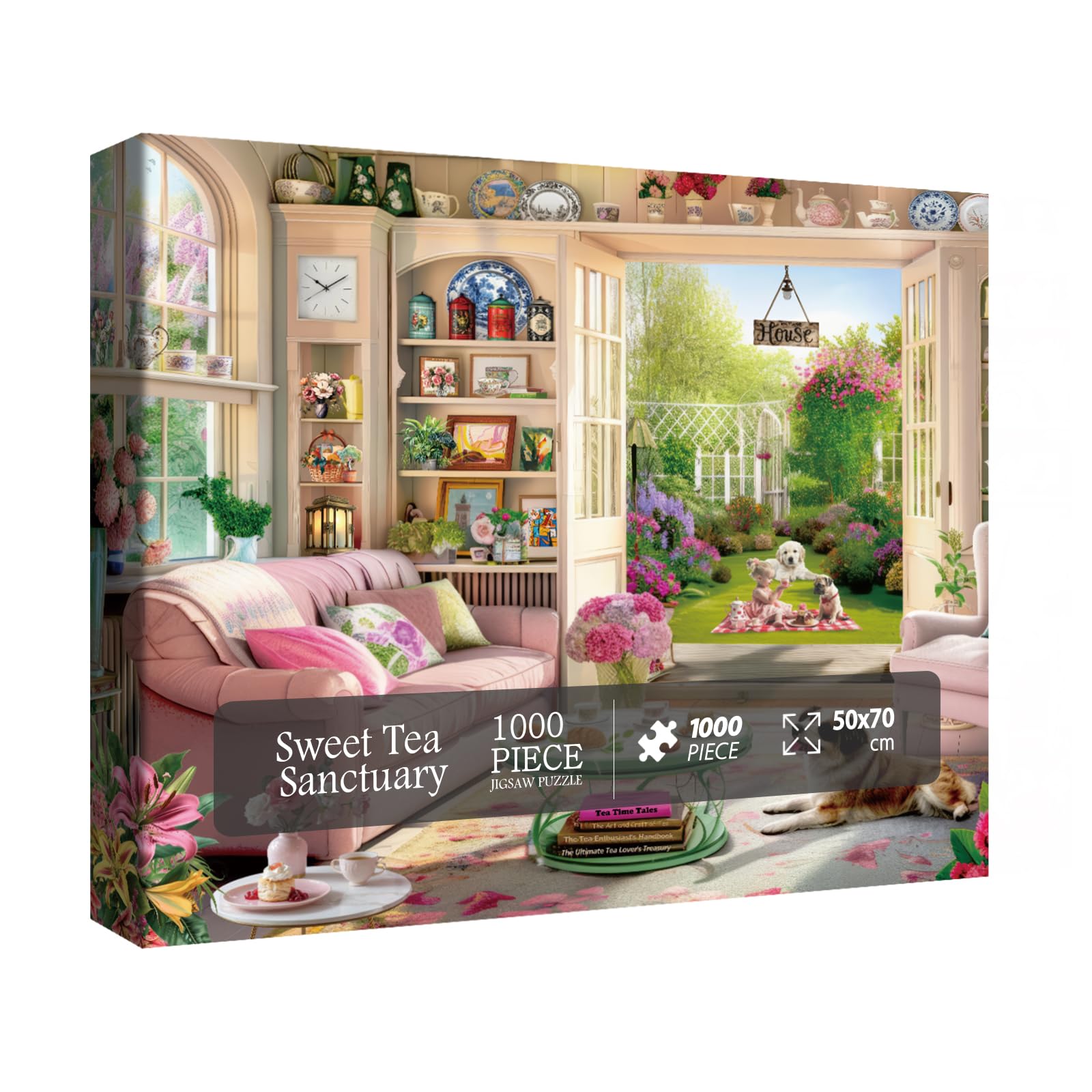 BBOLDIN Tea Time Cabin 1000 Piece Puzzle - Garden Serenity Scene with Reference Poster