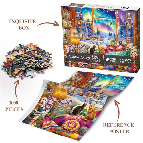 BBOLDIN Winter Book Nook 1000-Piece Jigsaw Puzzle: Cozy Cabin with Northern Lights and Cats