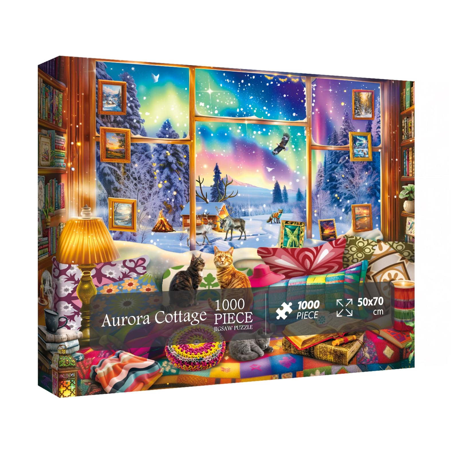 BBOLDIN Winter Book Nook 1000-Piece Jigsaw Puzzle: Cozy Cabin with Northern Lights and Cats