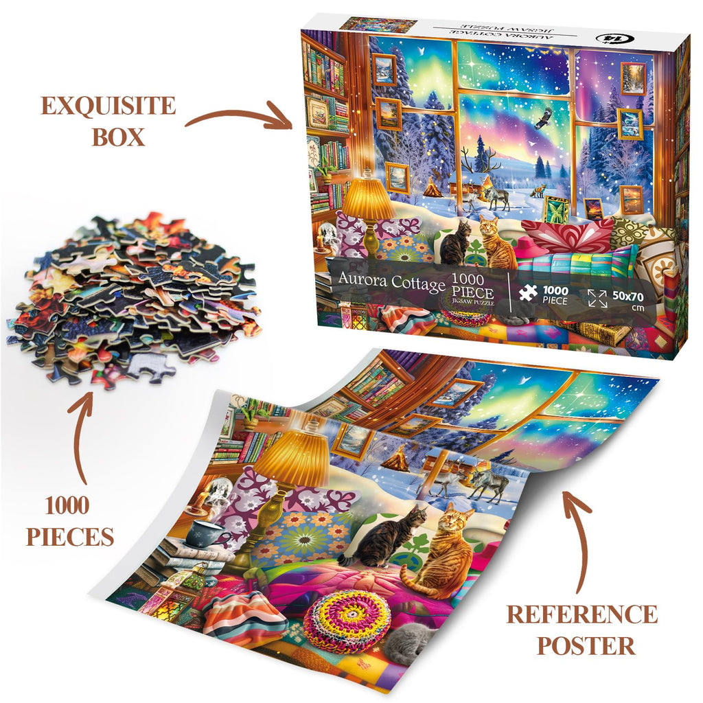 BBOLDIN Winter Book Nook 1000-Piece Jigsaw Puzzle: Cozy Cabin with Northern Lights and Cats
