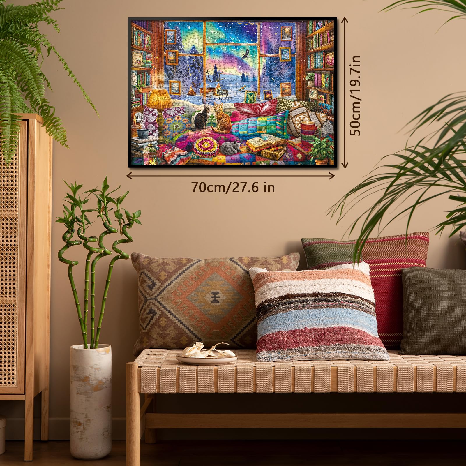 BBOLDIN Winter Book Nook 1000-Piece Jigsaw Puzzle: Cozy Cabin with Northern Lights and Cats