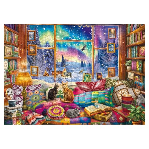 BBOLDIN Winter Book Nook 1000-Piece Jigsaw Puzzle: Cozy Cabin with Northern Lights and Cats