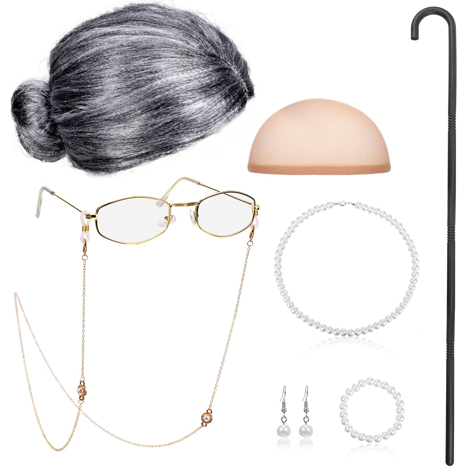 BBTO 100 Days of School Old Lady Costume for Kids – Wig, Cane, Glasses Chain & Faux Pearl Jewelry Set
