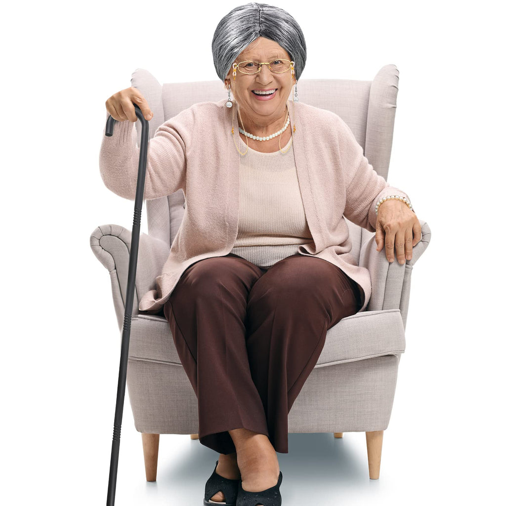 BBTO 100 Days of School Old Lady Costume for Kids – Wig, Cane, Glasses Chain & Faux Pearl Jewelry Set