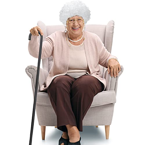 BBTO 100 Days of School Old Lady Costume Set for Kids Gray Wig Walking Cane Glasses Chain and Faux Pearl Necklace