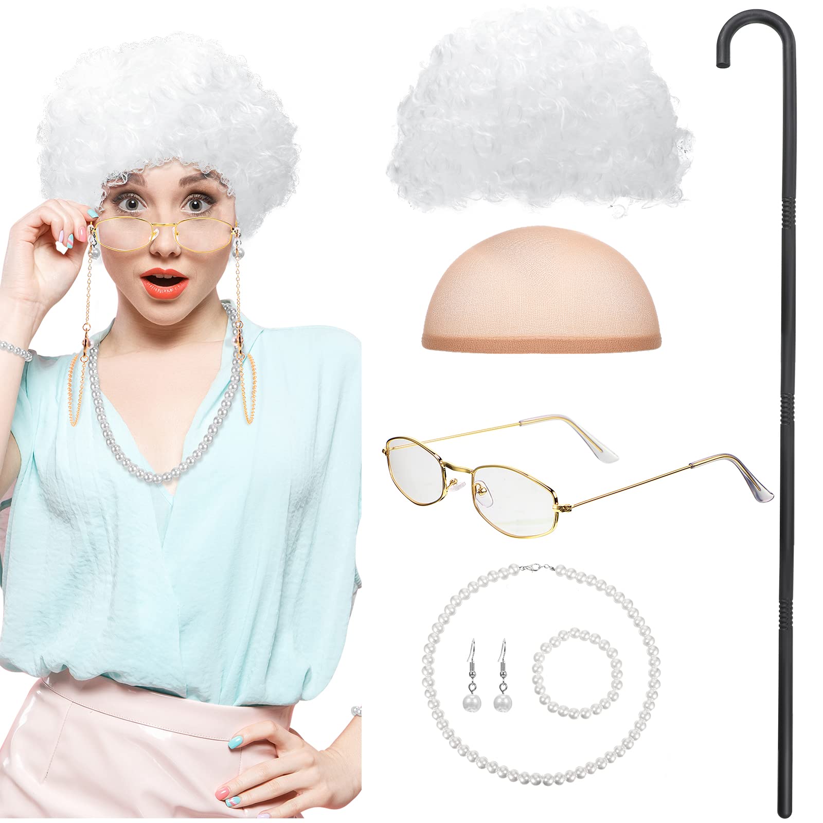 BBTO 100 Days of School Old Lady Costume Set for Kids Gray Wig Walking Cane Glasses Chain and Faux Pearl Necklace