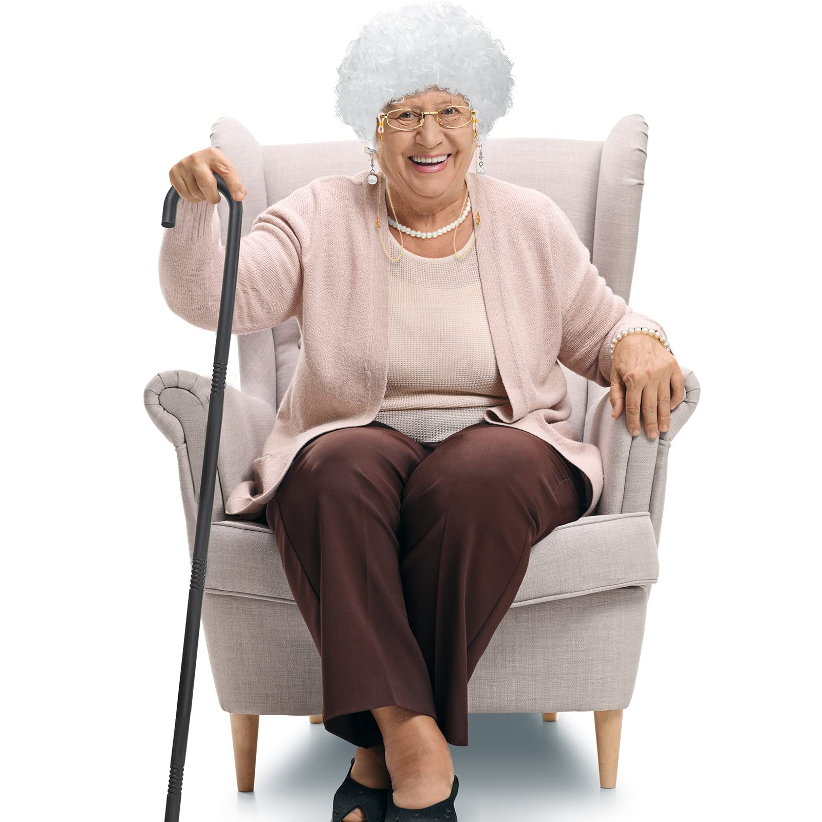 BBTO 100 Days of School Old Lady Costume Set for Kids Gray Wig Walking Cane Glasses Chain and Faux Pearl Necklace