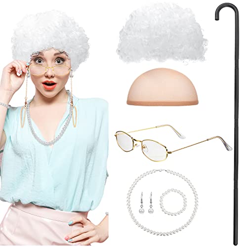 BBTO 100 Days of School Old Lady Costume Set for Kids Gray Wig Walking Cane Glasses Chain and Faux Pearl Necklace