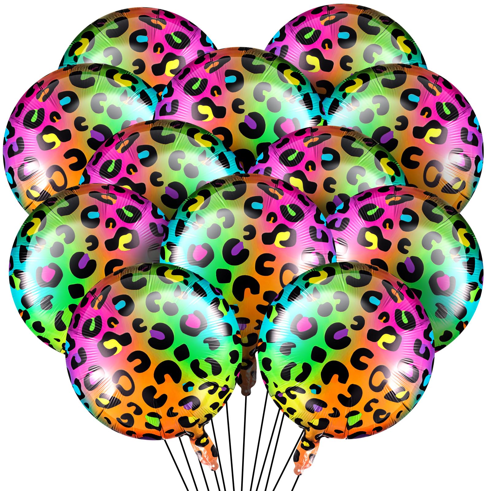 BBTO 12 Pack 18 Inch Neon Rainbow Leopard Foil Balloons for Cheetah Birthday Party Decorations (Multicolor)