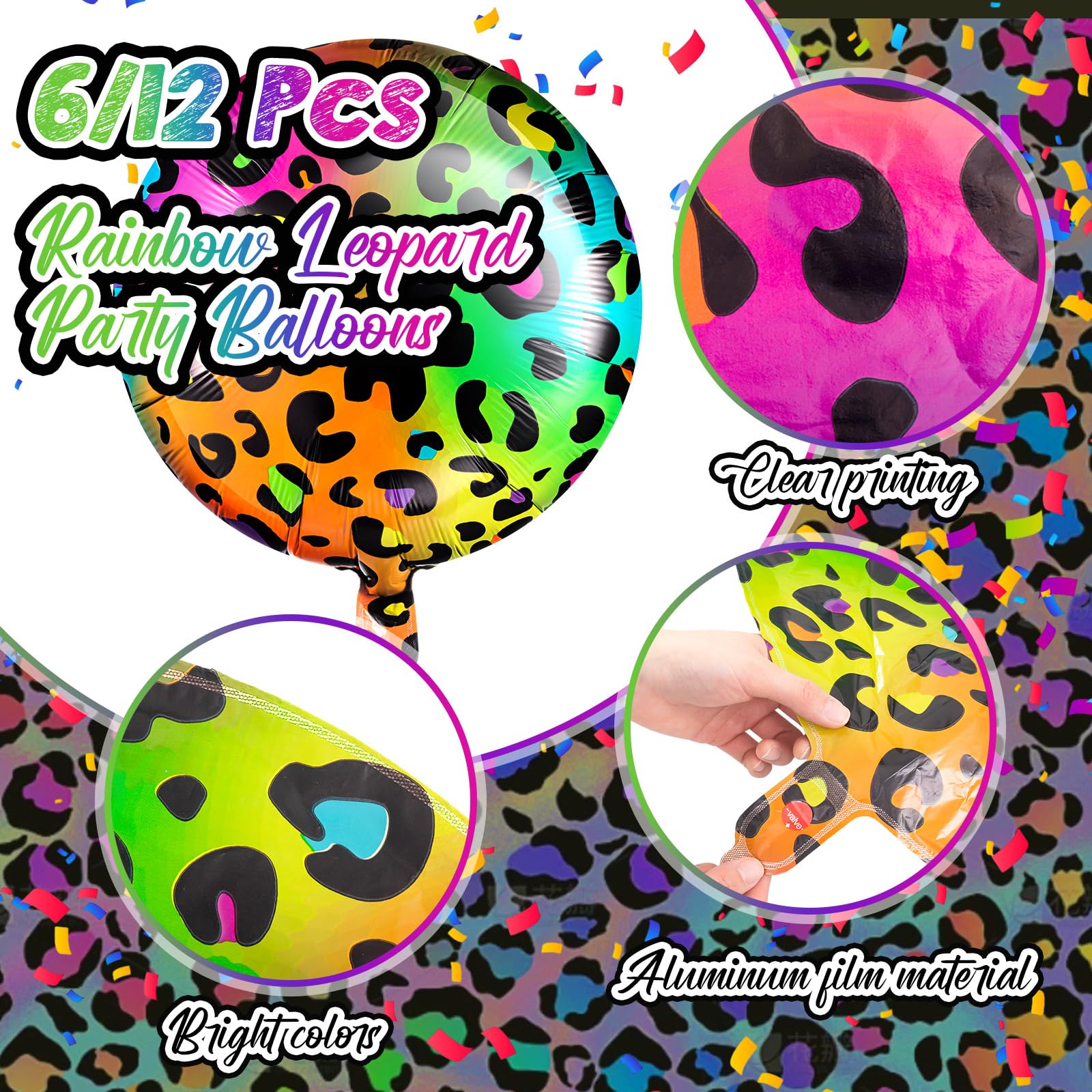 BBTO 12 Pack 18 Inch Neon Rainbow Leopard Foil Balloons for Cheetah Birthday Party Decorations (Multicolor)