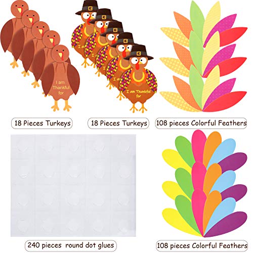 BBTO 36-Piece Thanksgiving Turkey Craft Kit with Feathers & Glue Dots for DIY Decor