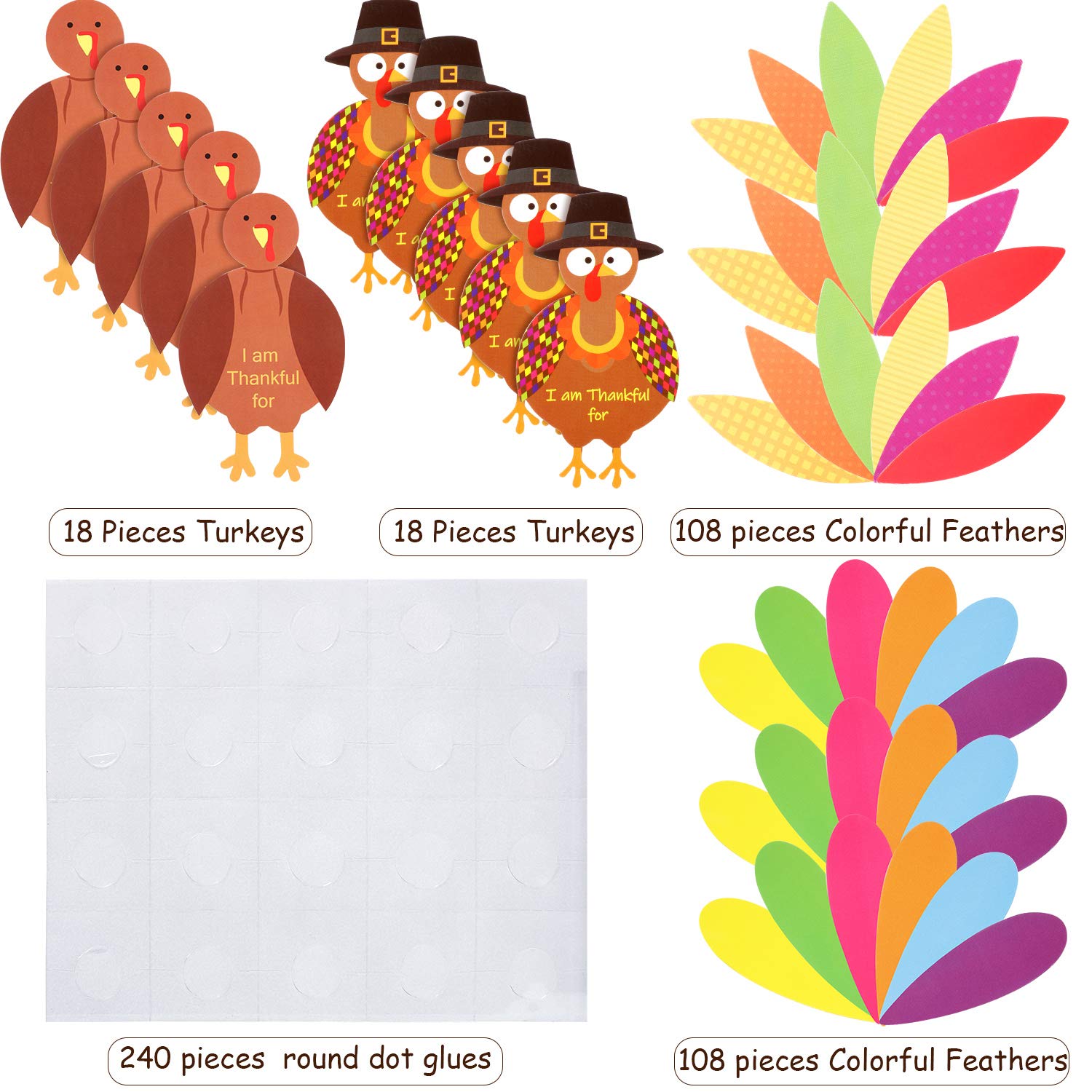 BBTO 36-Piece Thanksgiving Turkey Craft Kit with Feathers & Glue Dots for DIY Decor