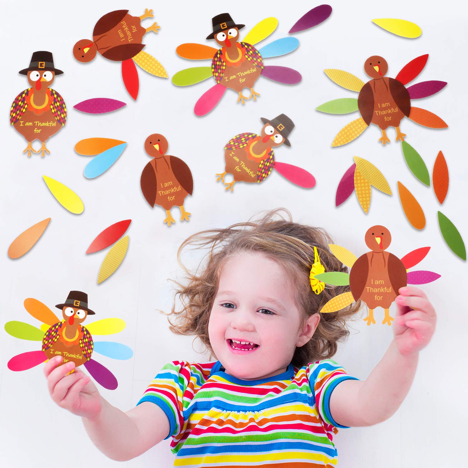 BBTO 36-Piece Thanksgiving Turkey Craft Kit with Feathers & Glue Dots for DIY Decor