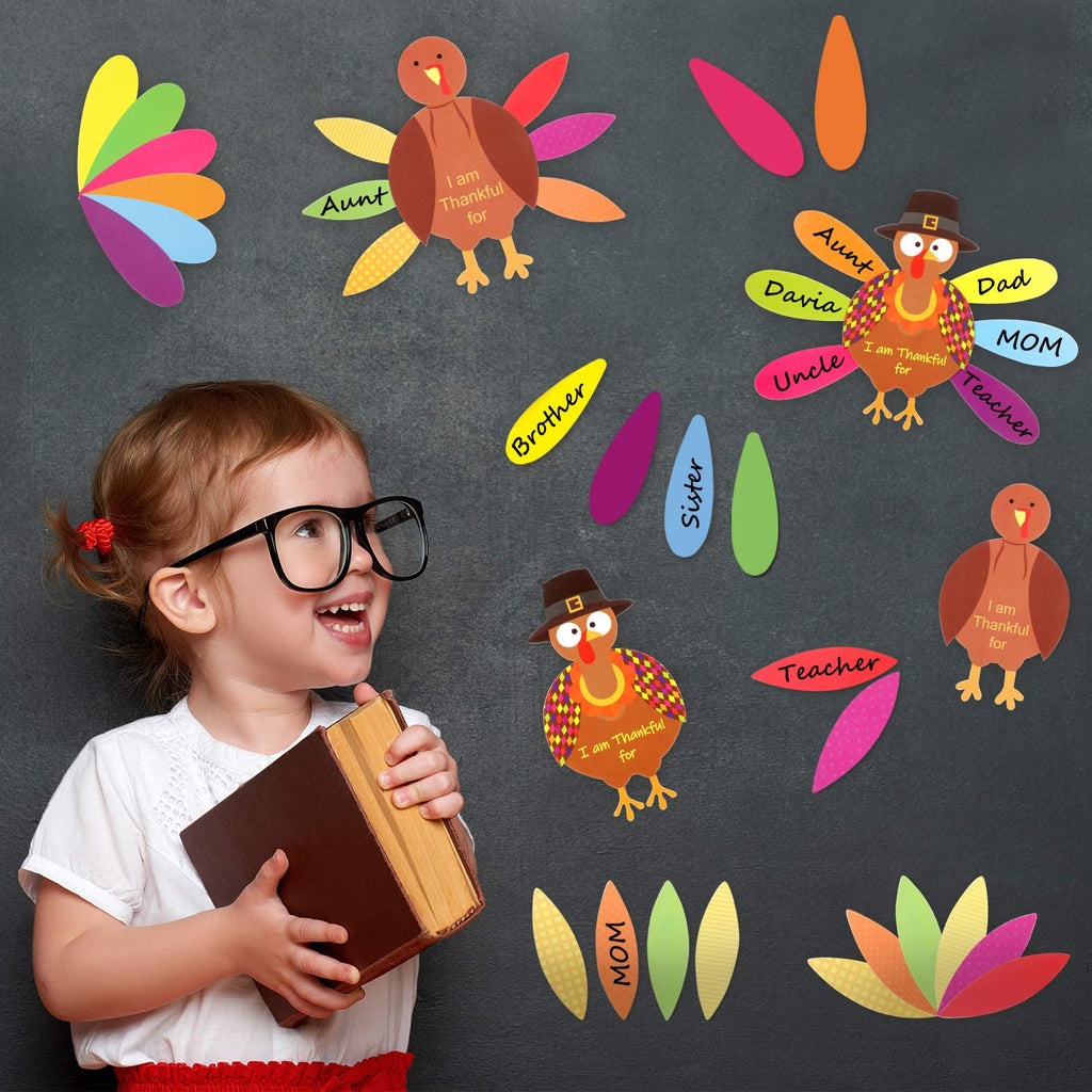 BBTO 36-Piece Thanksgiving Turkey Craft Kit with Feathers & Glue Dots for DIY Decor