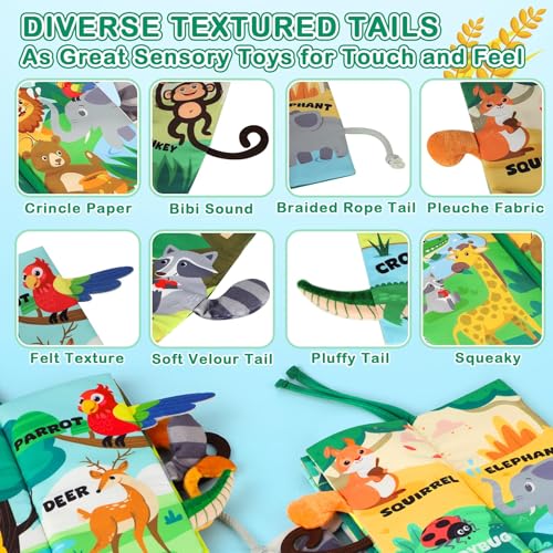 BBWOO Soft Baby Book with Crinkle Sounds, Teether, and Textured Tails – Sensory Toy for 0-12 Months