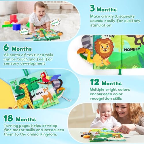BBWOO Soft Baby Book with Crinkle Sounds, Teether, and Textured Tails – Sensory Toy for 0-12 Months