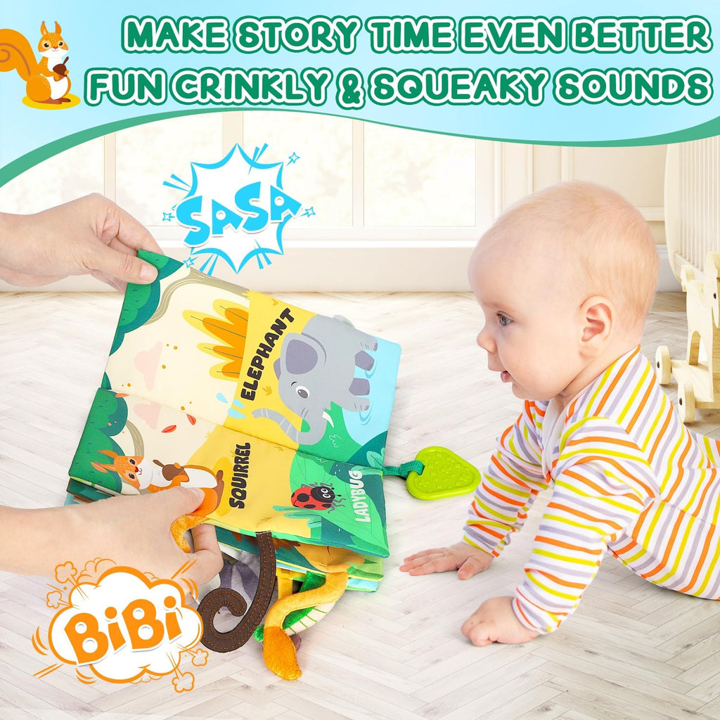 BBWOO Soft Baby Book with Crinkle Sounds, Teether, and Textured Tails – Sensory Toy for 0-12 Months
