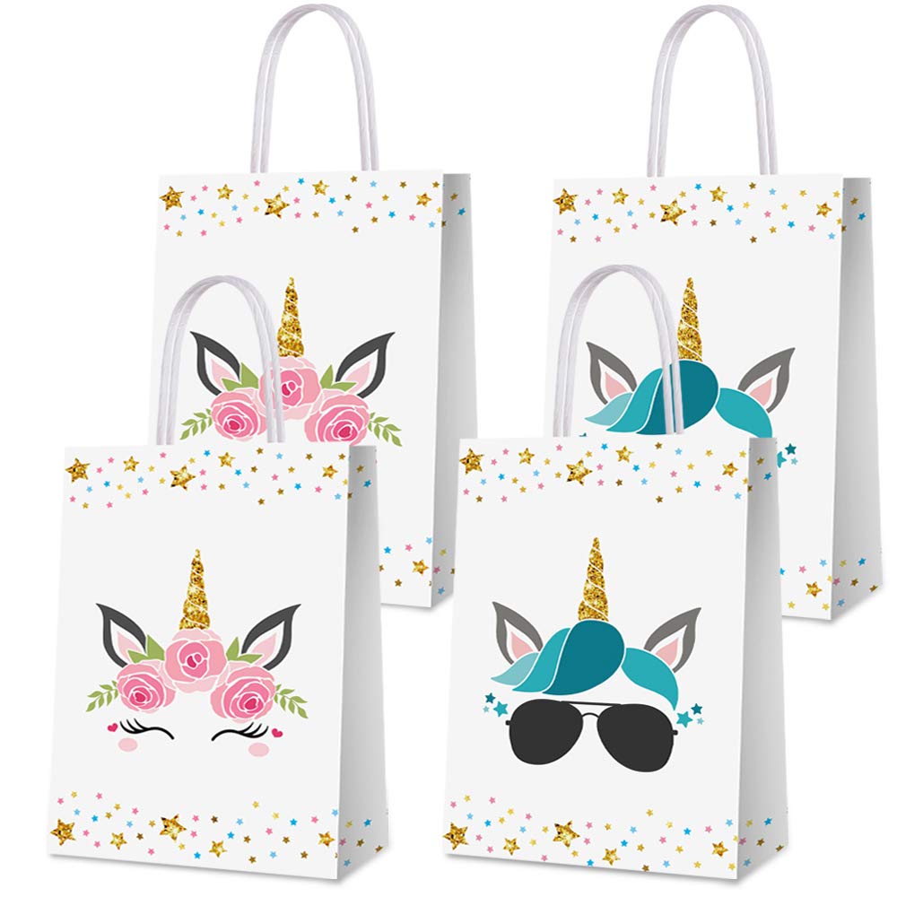 BCHOCKS 16 Pack Rainbow Horse Party Favor Bags – Pink & Blue Goody Bags with Handles for Birthday Supplies