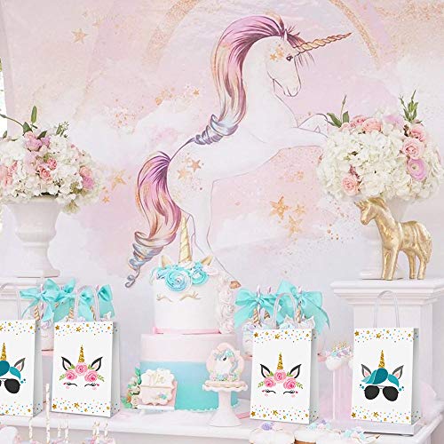 BCHOCKS 16 Pack Rainbow Horse Party Favor Bags – Pink & Blue Goody Bags with Handles for Birthday Supplies