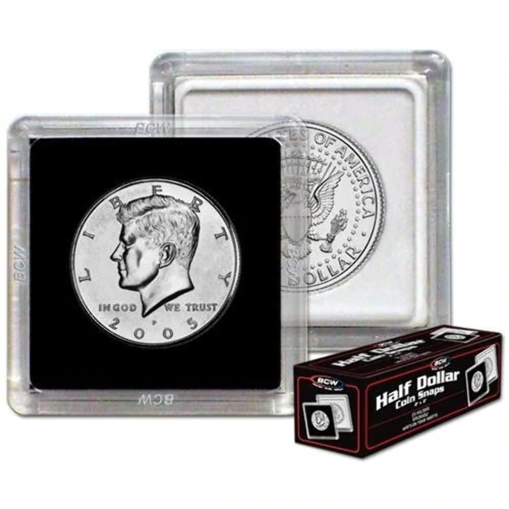 BCW 2x2 Coin Snap Holders – 25-Count Crystal Clear Polystyrene Cases for Kennedy Half Dollars
