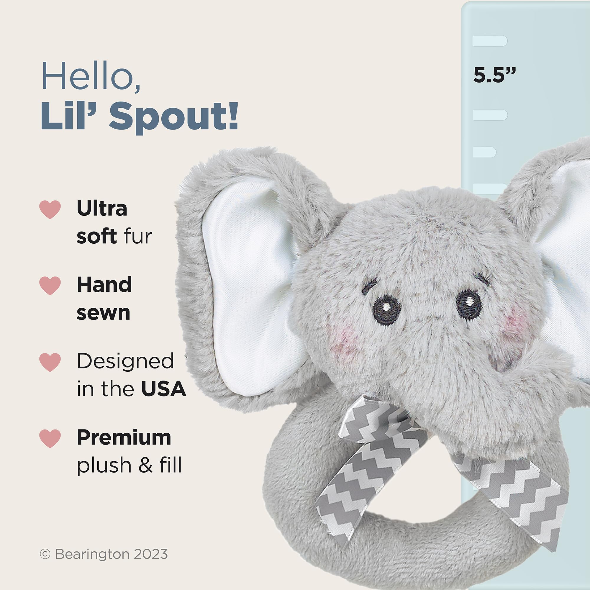 Bearington Collection Lil' Spout – Gray Elephant Plush Rattle, 5.5 Inches