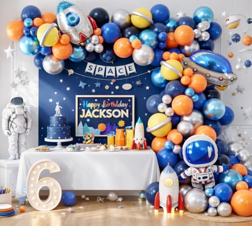 Beaumode 148-Piece Outer Space Balloon Garland Arch Kit – Blue Orange Silver for Themed Parties